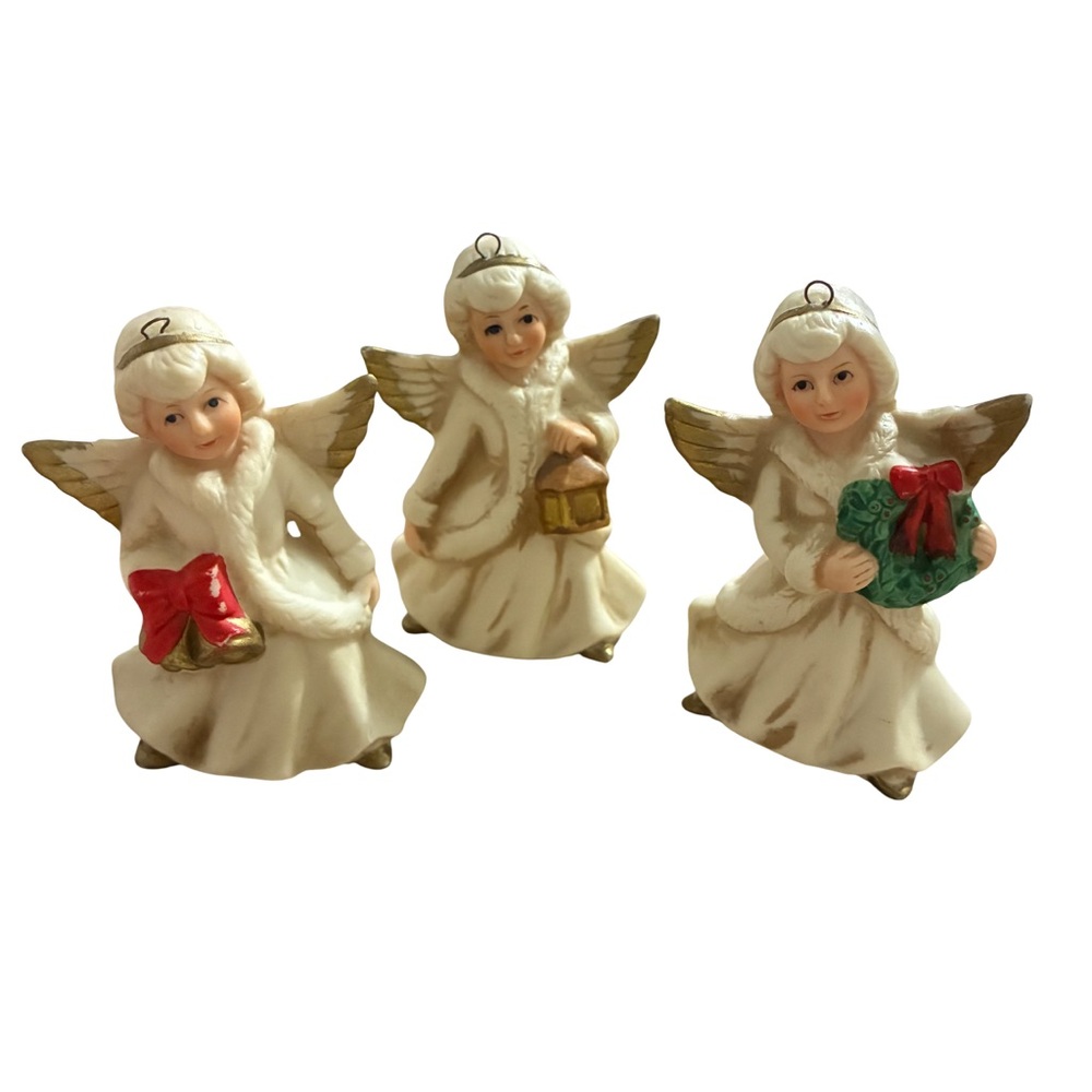 Vintage HOMCO Porcelain Angel Trio Christmas Ornaments 1960’s Ivory & Gold